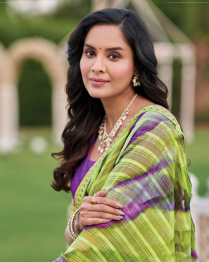 Vishal Prints Light Olive Green Printed Patterned Georgette Saree With Fancy Border