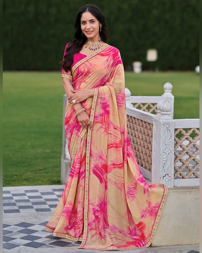 Vishal Prints Peachy Pink Printed Patterned Georgette Saree With Fancy Border