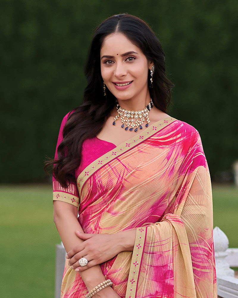 Vishal Prints Peachy Pink Printed Patterned Georgette Saree With Fancy Border
