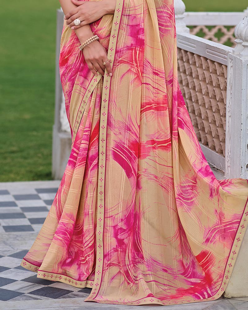 Vishal Prints Peachy Pink Printed Patterned Georgette Saree With Fancy Border