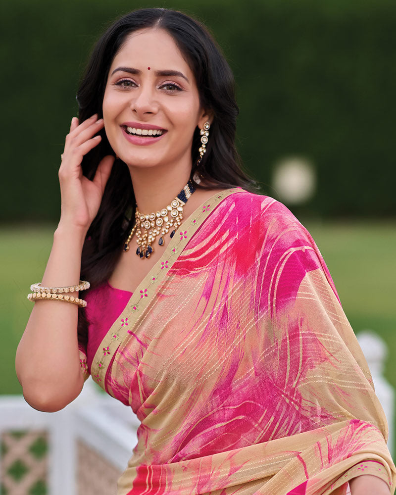 Vishal Prints Peachy Pink Printed Patterned Georgette Saree With Fancy Border