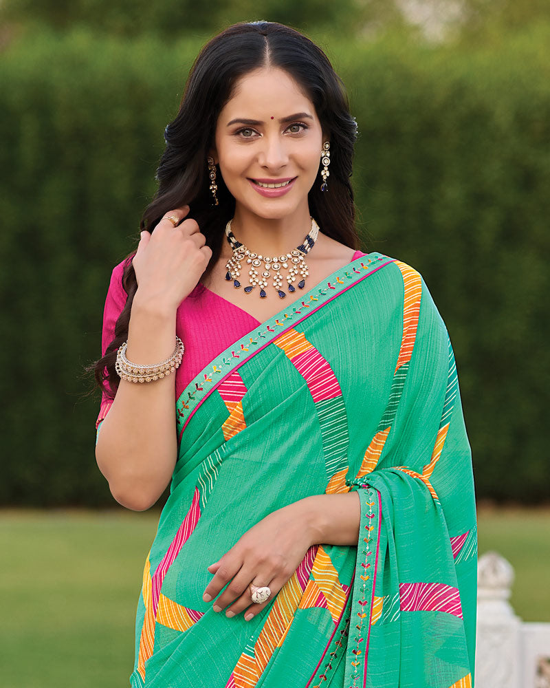 Vishal Prints Dark Mint Green Printed Patterned Georgette Saree With Fancy Border