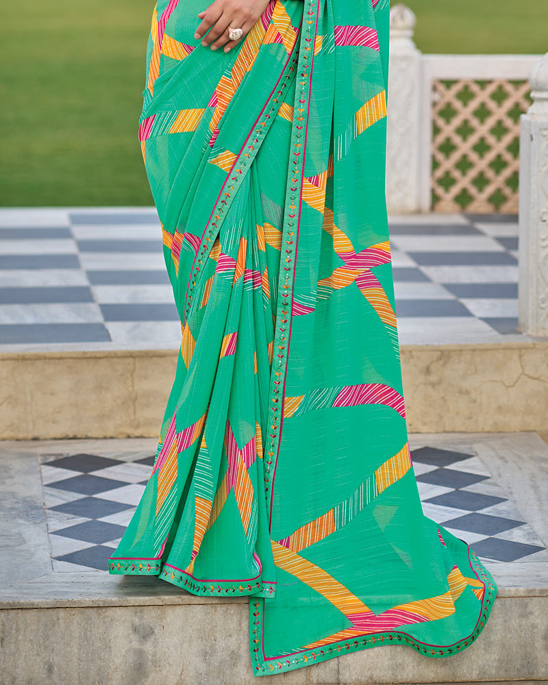 Vishal Prints Dark Mint Green Printed Patterned Georgette Saree With Fancy Border