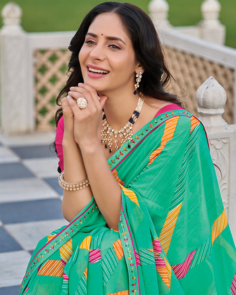 Vishal Prints Dark Mint Green Printed Patterned Georgette Saree With Fancy Border