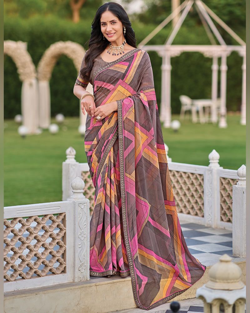 Vishal Prints Dark Brownish Grey Printed Patterned Georgette Saree With Fancy Border
