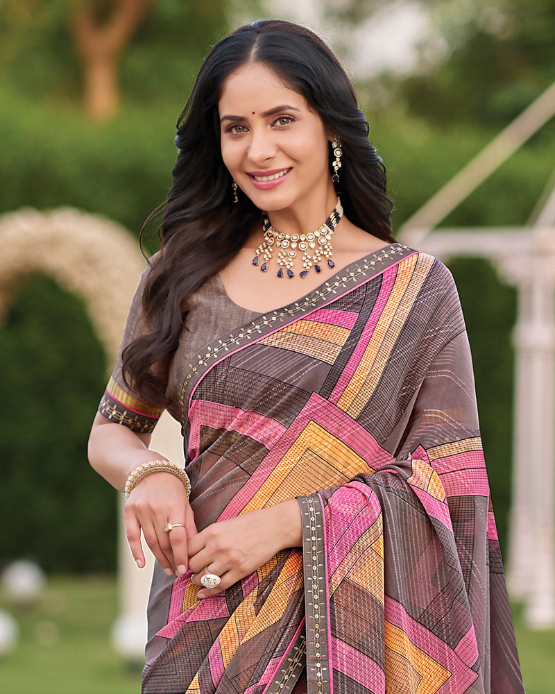 Vishal Prints Dark Brownish Grey Printed Patterned Georgette Saree With Fancy Border