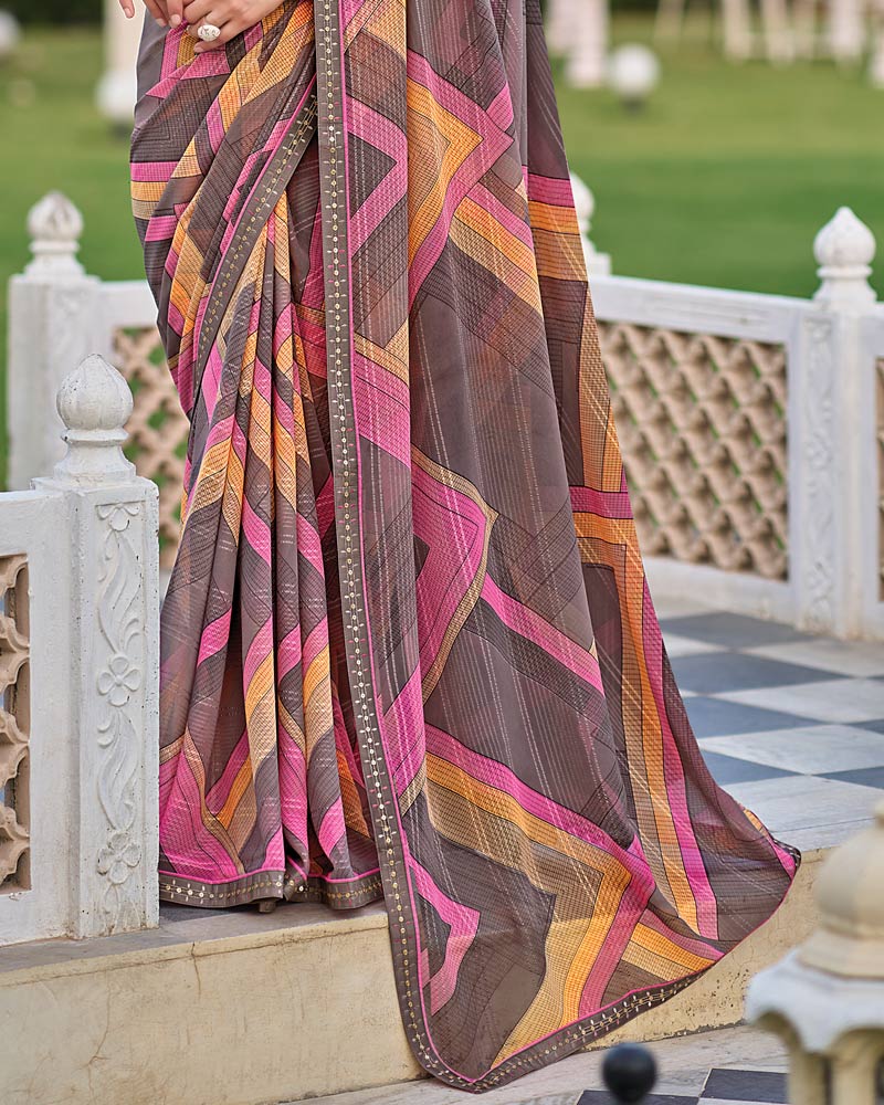 Vishal Prints Dark Brownish Grey Printed Patterned Georgette Saree With Fancy Border