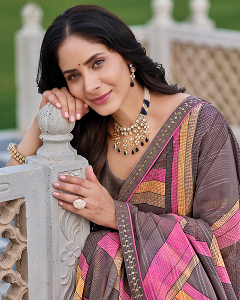 Vishal Prints Dark Brownish Grey Printed Patterned Georgette Saree With Fancy Border