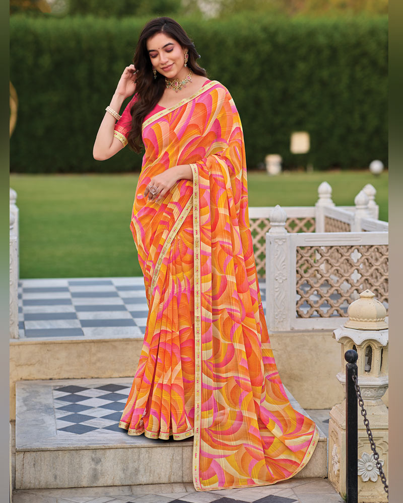 Vishal Prints Pastel Orange And Pink Printed Patterned Georgette Saree With Fancy Border