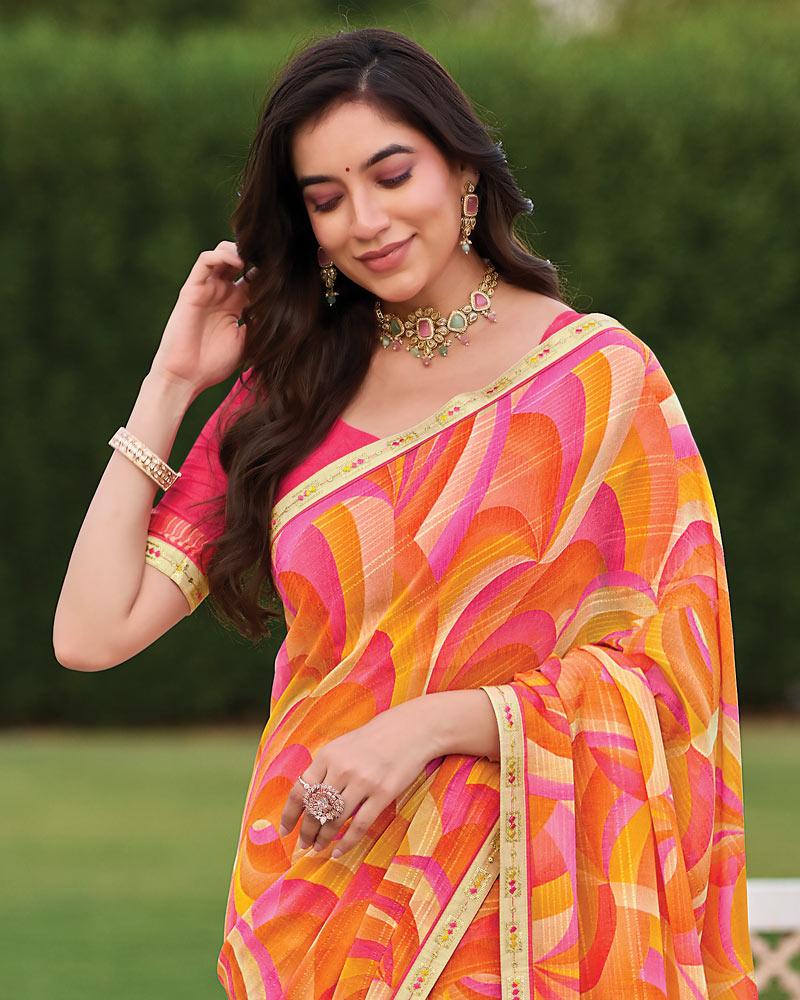 Vishal Prints Pastel Orange And Pink Printed Patterned Georgette Saree With Fancy Border