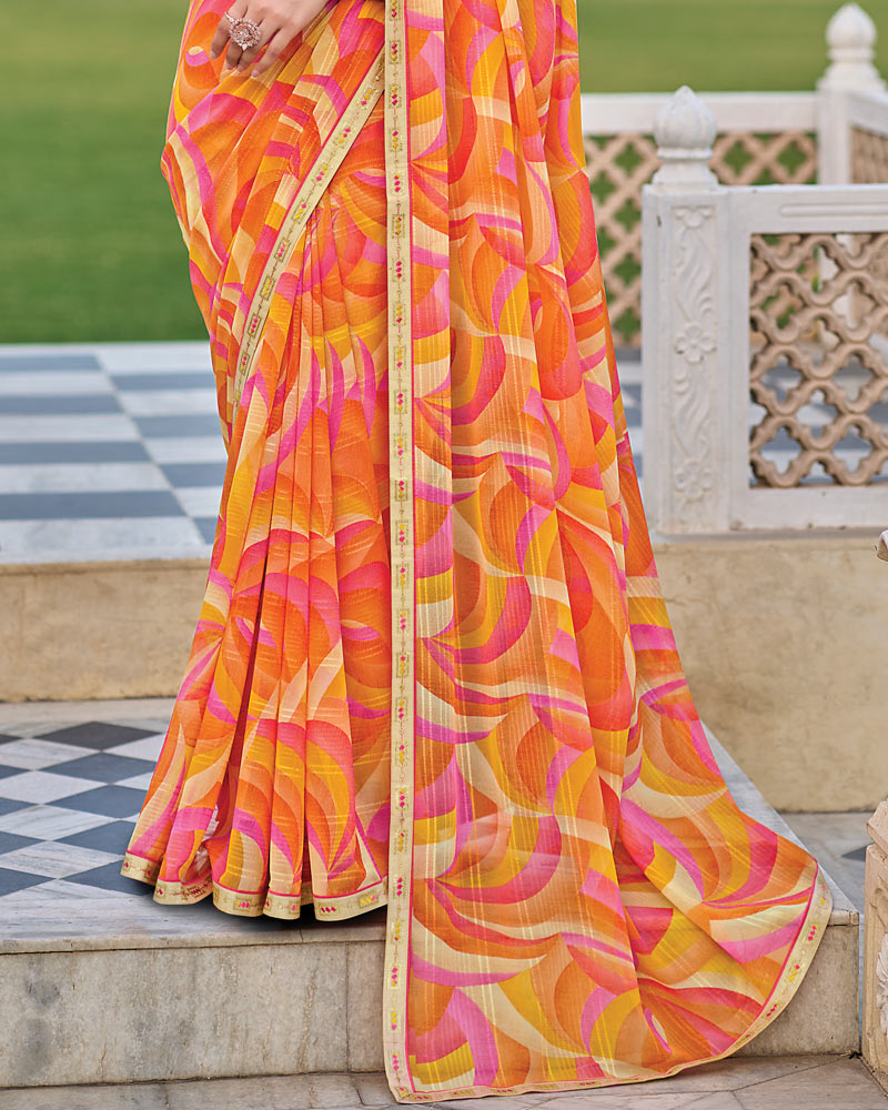 Vishal Prints Pastel Orange And Pink Printed Patterned Georgette Saree With Fancy Border