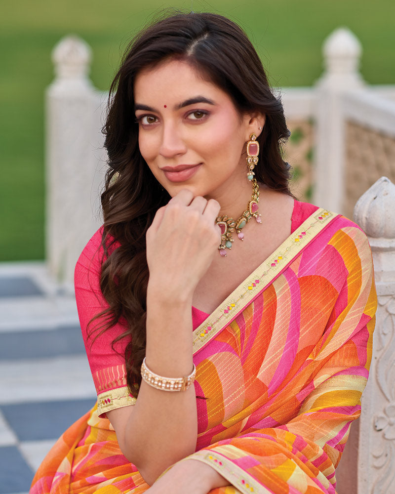 Vishal Prints Pastel Orange And Pink Printed Patterned Georgette Saree With Fancy Border