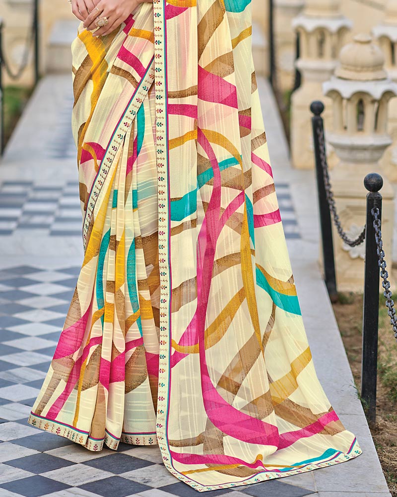 Vishal Prints Light Cream-Yellow Printed Patterned Georgette Saree With Fancy Border