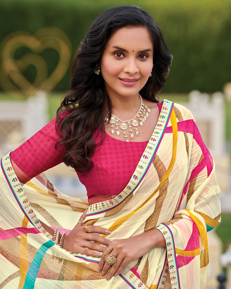 Vishal Prints Light Cream-Yellow Printed Patterned Georgette Saree With Fancy Border