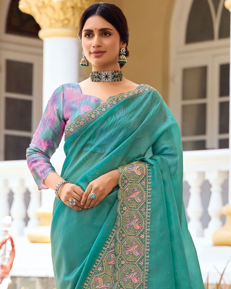 Vishal Prints Dusty Teal Green Designer Fancy Art Silk Saree With Embroidery-Diamond Work And Cut Work Border