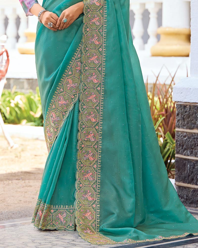 Vishal Prints Dusty Teal Green Designer Fancy Art Silk Saree With Embroidery-Diamond Work And Cut Work Border
