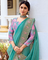 Vishal Prints Dusty Teal Green Designer Fancy Art Silk Saree With Embroidery-Diamond Work And Cut Work Border
