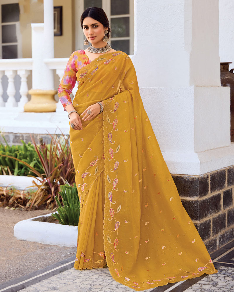 Vishal Prints Light Mustard Designer Fancy Art Silk Saree With Embroidery-Diamond Work And Cut Work Border