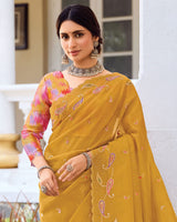 Vishal Prints Light Mustard Designer Fancy Art Silk Saree With Embroidery-Diamond Work And Cut Work Border