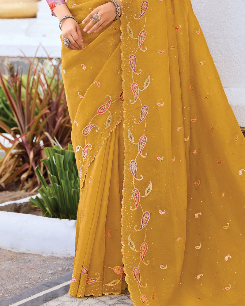 Vishal Prints Light Mustard Designer Fancy Art Silk Saree With Embroidery-Diamond Work And Cut Work Border