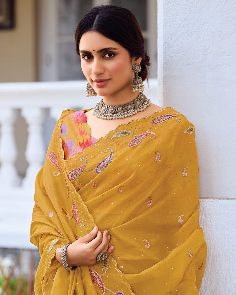 Vishal Prints Light Mustard Designer Fancy Art Silk Saree With Embroidery-Diamond Work And Cut Work Border