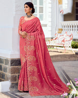 Vishal Prints Dark Coral Designer Fancy Art Silk Saree With Embroidery-Diamond Work And Cut Work Border