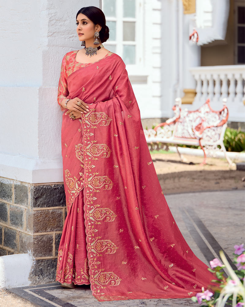 Vishal Prints Dark Coral Designer Fancy Art Silk Saree With Embroidery-Diamond Work And Cut Work Border