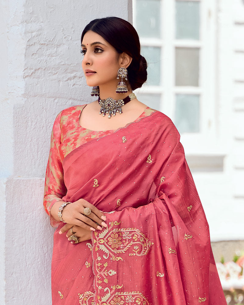 Vishal Prints Dark Coral Designer Fancy Art Silk Saree With Embroidery-Diamond Work And Cut Work Border