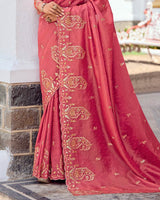Vishal Prints Dark Coral Designer Fancy Art Silk Saree With Embroidery-Diamond Work And Cut Work Border