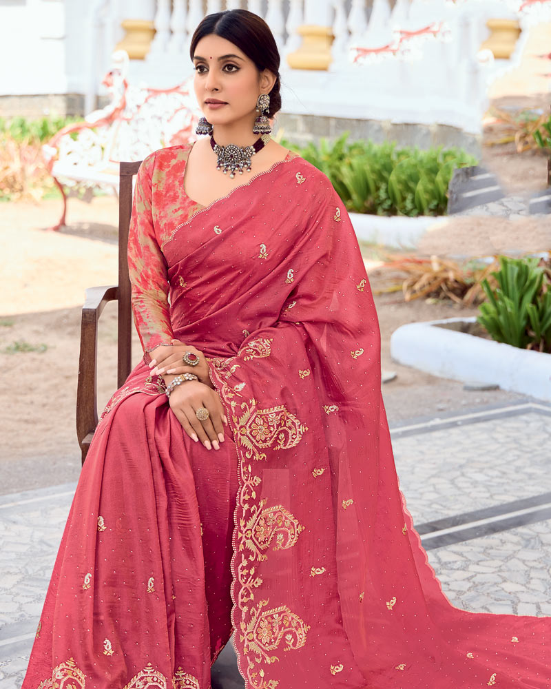 Vishal Prints Dark Coral Designer Fancy Art Silk Saree With Embroidery-Diamond Work And Cut Work Border
