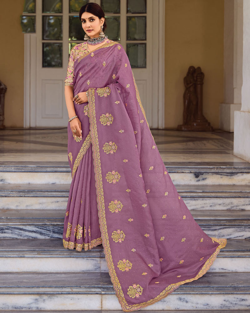 Vishal Prints Dusty Purple Designer Fancy Art Silk Saree With Embroidery-Diamond Work And Cut Work Border