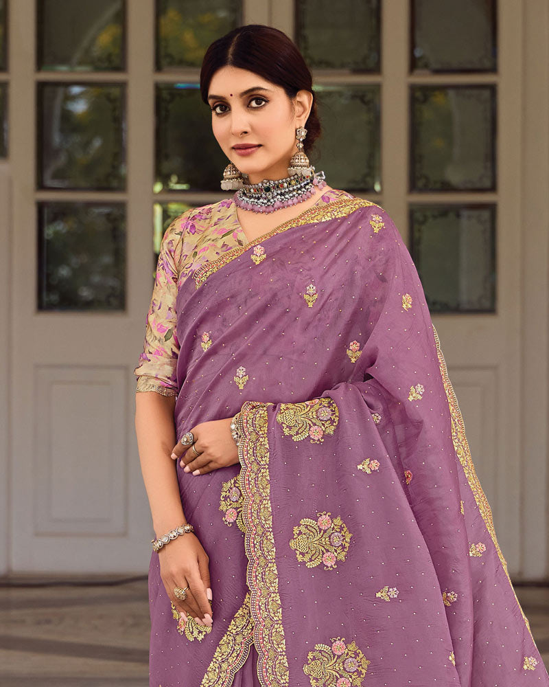 Vishal Prints Dusty Purple Designer Fancy Art Silk Saree With Embroidery-Diamond Work And Cut Work Border