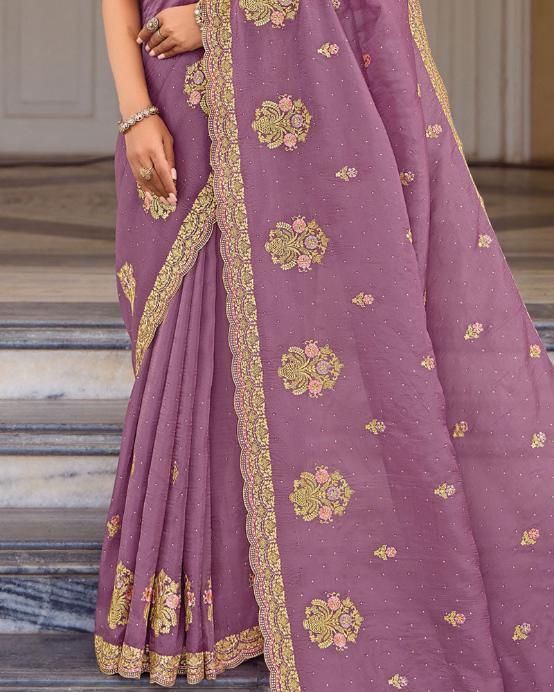 Vishal Prints Dusty Purple Designer Fancy Art Silk Saree With Embroidery-Diamond Work And Cut Work Border