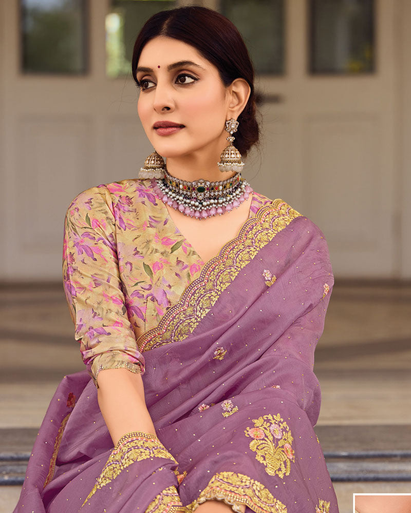 Vishal Prints Dusty Purple Designer Fancy Art Silk Saree With Embroidery-Diamond Work And Cut Work Border