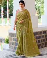 Vishal Prints Light Olive Yellow Designer Fancy Art Silk Saree With Embroidery-Diamond Work And Cut Work Border