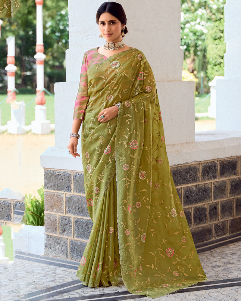 Vishal Prints Light Olive Yellow Designer Fancy Art Silk Saree With Embroidery-Diamond Work And Cut Work Border