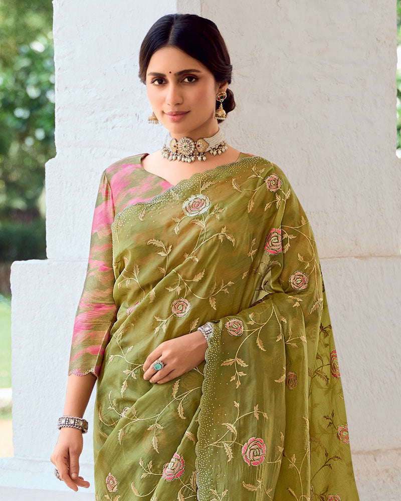 Vishal Prints Light Olive Yellow Designer Fancy Art Silk Saree With Embroidery-Diamond Work And Cut Work Border