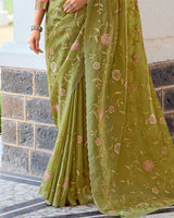 Vishal Prints Light Olive Yellow Designer Fancy Art Silk Saree With Embroidery-Diamond Work And Cut Work Border