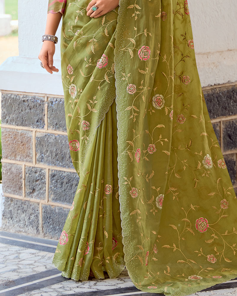 Vishal Prints Light Olive Yellow Designer Fancy Art Silk Saree With Embroidery-Diamond Work And Cut Work Border