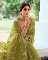 Vishal Prints Light Olive Yellow Designer Fancy Art Silk Saree With Embroidery-Diamond Work And Cut Work Border