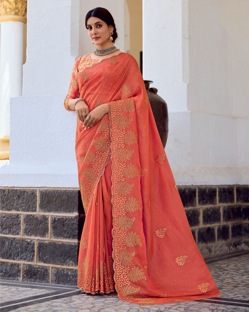 Vishal Prints Persian Red Designer Fancy Art Silk Saree With Embroidery-Diamond Work And Cut Work Border