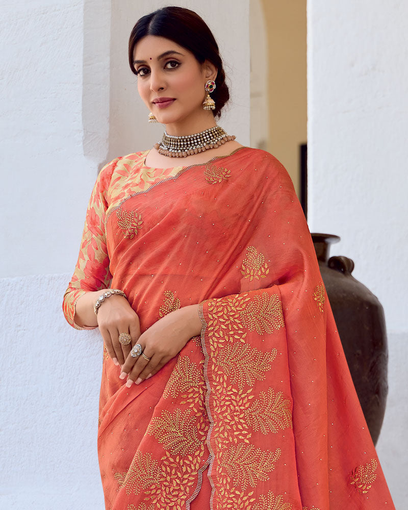 Vishal Prints Persian Red Designer Fancy Art Silk Saree With Embroidery-Diamond Work And Cut Work Border