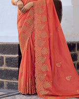 Vishal Prints Persian Red Designer Fancy Art Silk Saree With Embroidery-Diamond Work And Cut Work Border