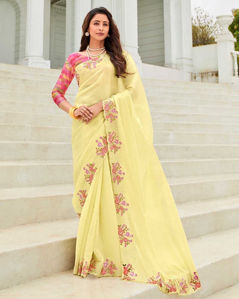 Vishal Prints Light Pastel Yellow Designer Organza Saree With Embroidery-Diamond Work And Cut Work Border