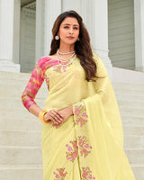 Vishal Prints Light Pastel Yellow Designer Organza Saree With Embroidery-Diamond Work And Cut Work Border