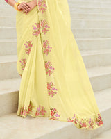 Vishal Prints Light Pastel Yellow Designer Organza Saree With Embroidery-Diamond Work And Cut Work Border