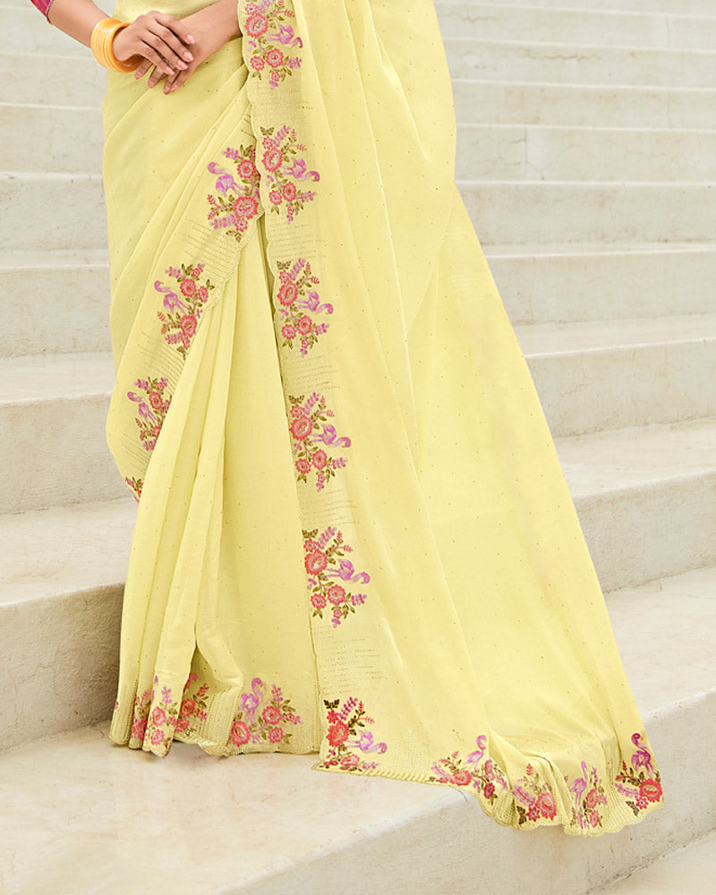 Vishal Prints Light Pastel Yellow Designer Organza Saree With Embroidery-Diamond Work And Cut Work Border
