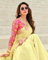 Vishal Prints Light Pastel Yellow Designer Organza Saree With Embroidery-Diamond Work And Cut Work Border