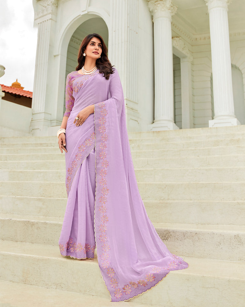Vishal Prints Pastel Purple Designer Organza Saree With Embroidery-Diamond Work And Cut Work Border