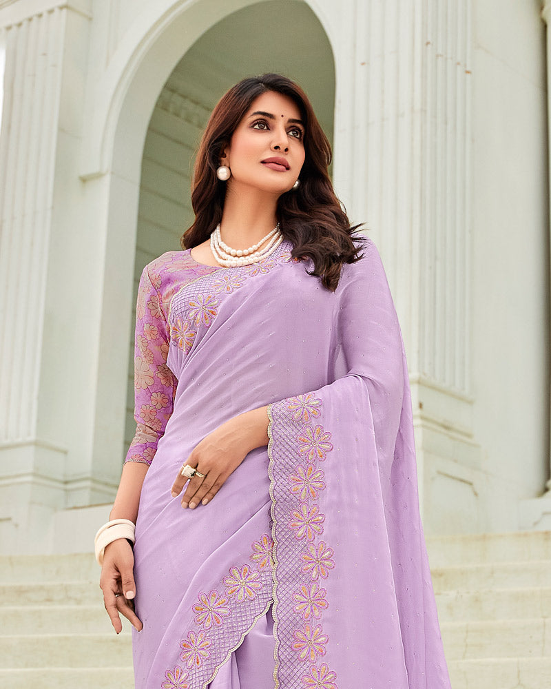 Vishal Prints Pastel Purple Designer Organza Saree With Embroidery-Diamond Work And Cut Work Border